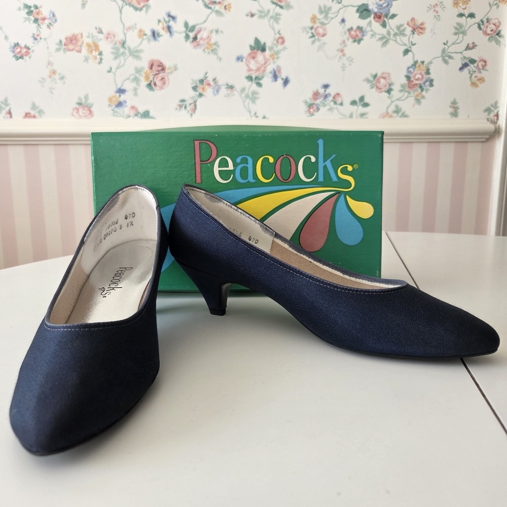 Vtg 1992 Navy Satin Kitten Heels 10B Peacocks Flexi Sole Retro With Box USA‎